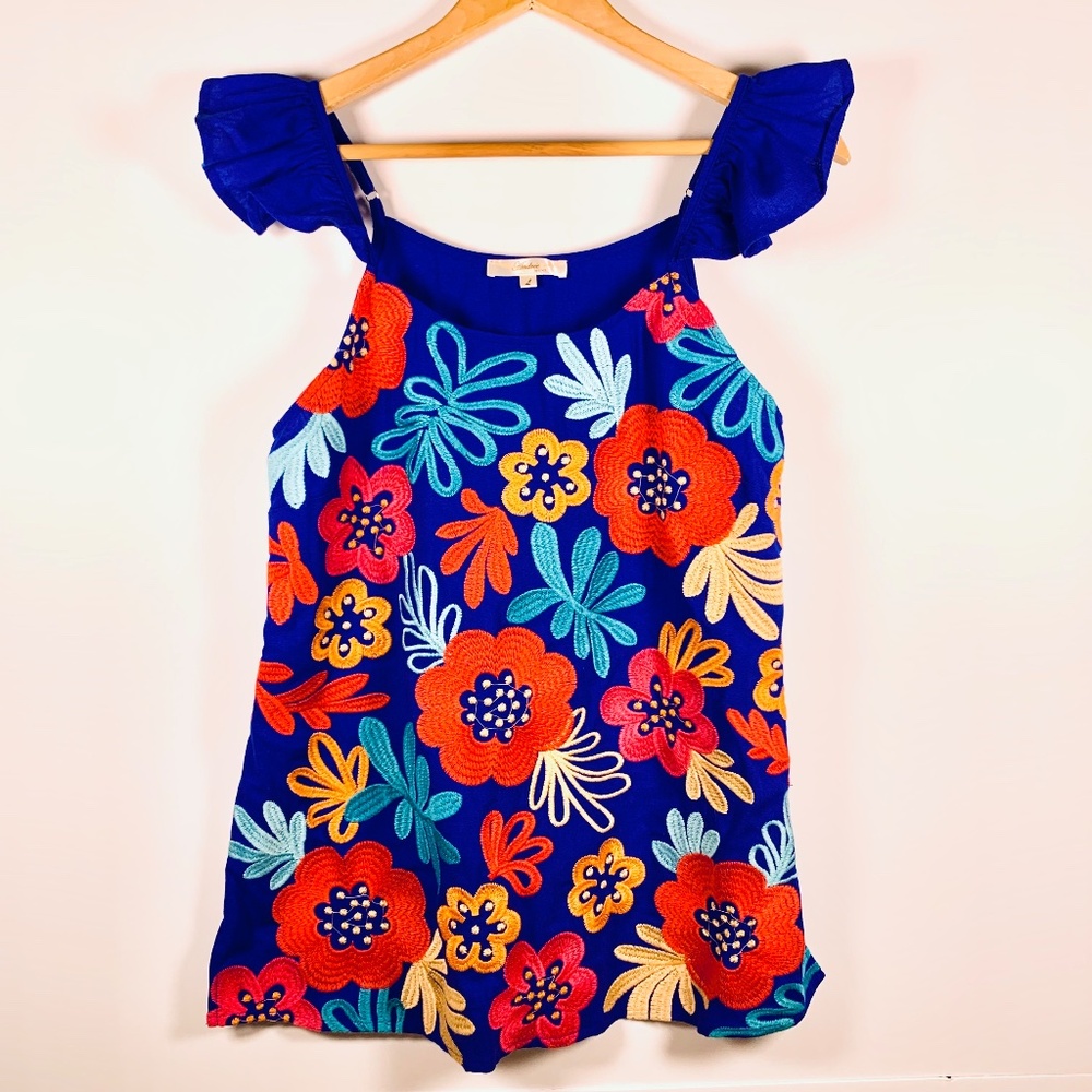 Multicolored floral tropical embroidery blue flutter sleeve tank top cottagecore